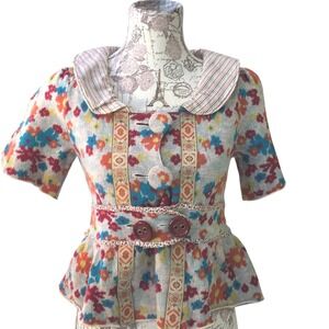 Vintage Floral Tapestry Cottagecore Top Peter Pan Collar Boho Folk shirt SZ S